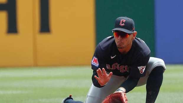 Jul 19, 2023; Pittsburgh, Pennsylvania, USA; Cleveland Guardians second baseman Andres Gimenez (0) fields a ground ball for an out against Pittsburgh Pirates center fielder Jack Suwinski (not pictured)) during the third inning at PNC Park. Mandatory Credit: Charles LeClaire-USA TODAY Sports